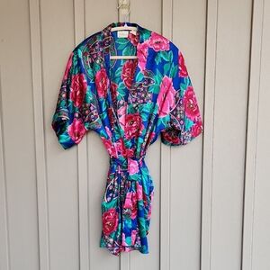 VTG 90'S KATHRYN BAROQUE FLORAL JEWEL TONE SATIN LINGERIE KIMONO ROBE S-M